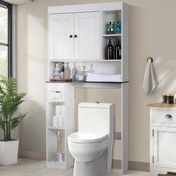  Over the Toilet Storage Cabinet, Farmhouse Storage Cabinet Shelf with 2 Barn Door & Tissue Holder Stand, Space-Saving Toilet Rack, Bathroom Laundry C