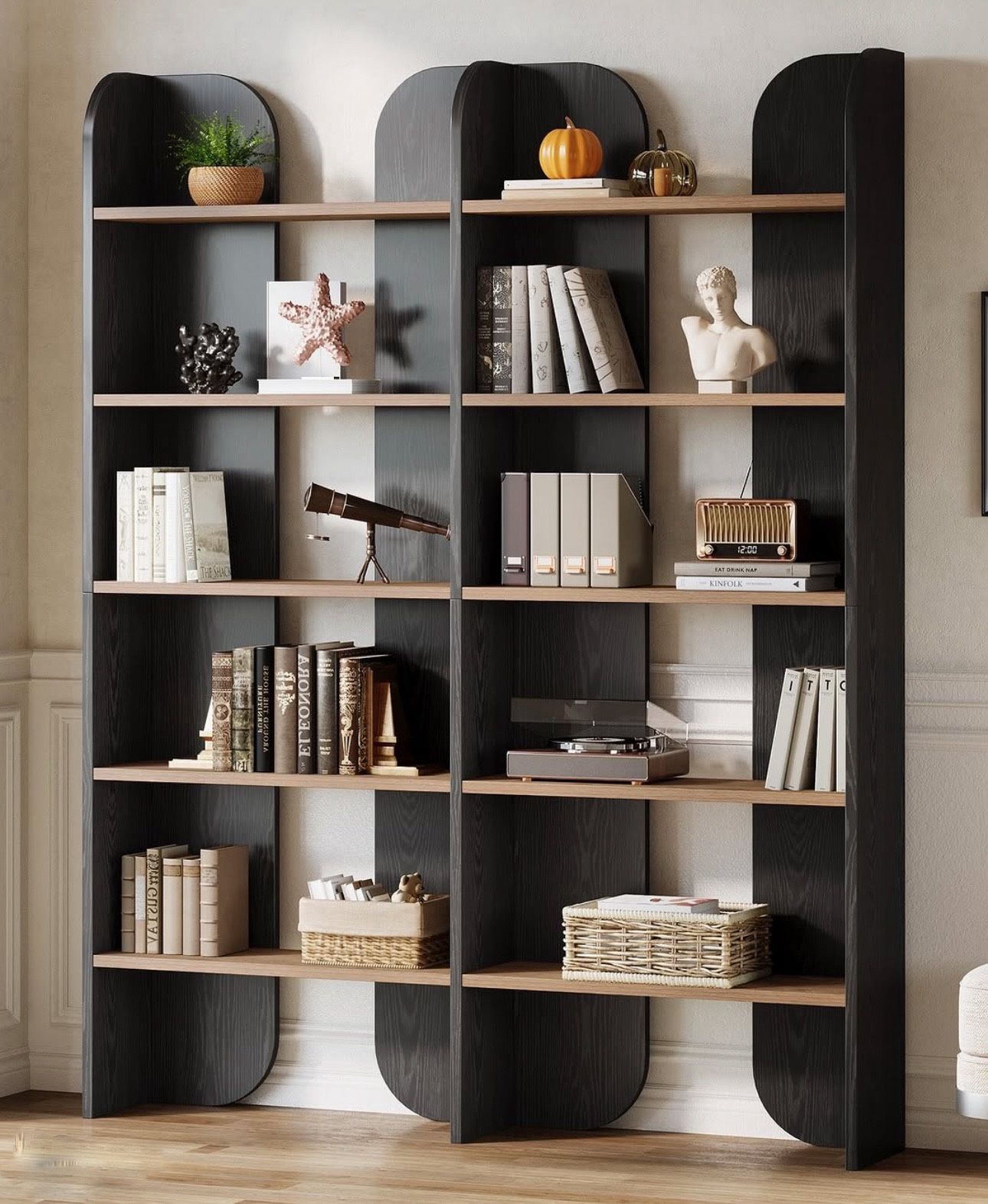 5 Tier Farmhouse Bookshelf, 70.87 Inch Double Wide Bookcase - Black And Brown
