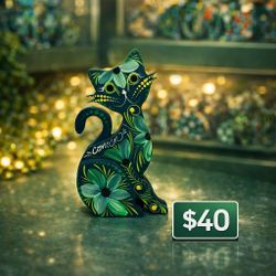 Handmade Decorative Cat Sculpture – Green Floral Design