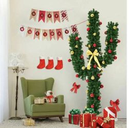 7 ft. Pre-Lit Cactus Artificial Christmas Tree with LED Lights and Ball Ornaments-Costway