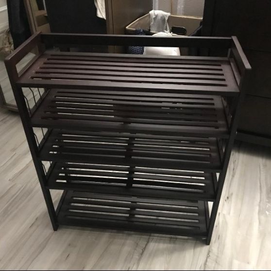 Bamboo Shoe Shelf Storage 5 level with 12 Hanging Shoe Rack Home Cabinet BLK FREE shipping