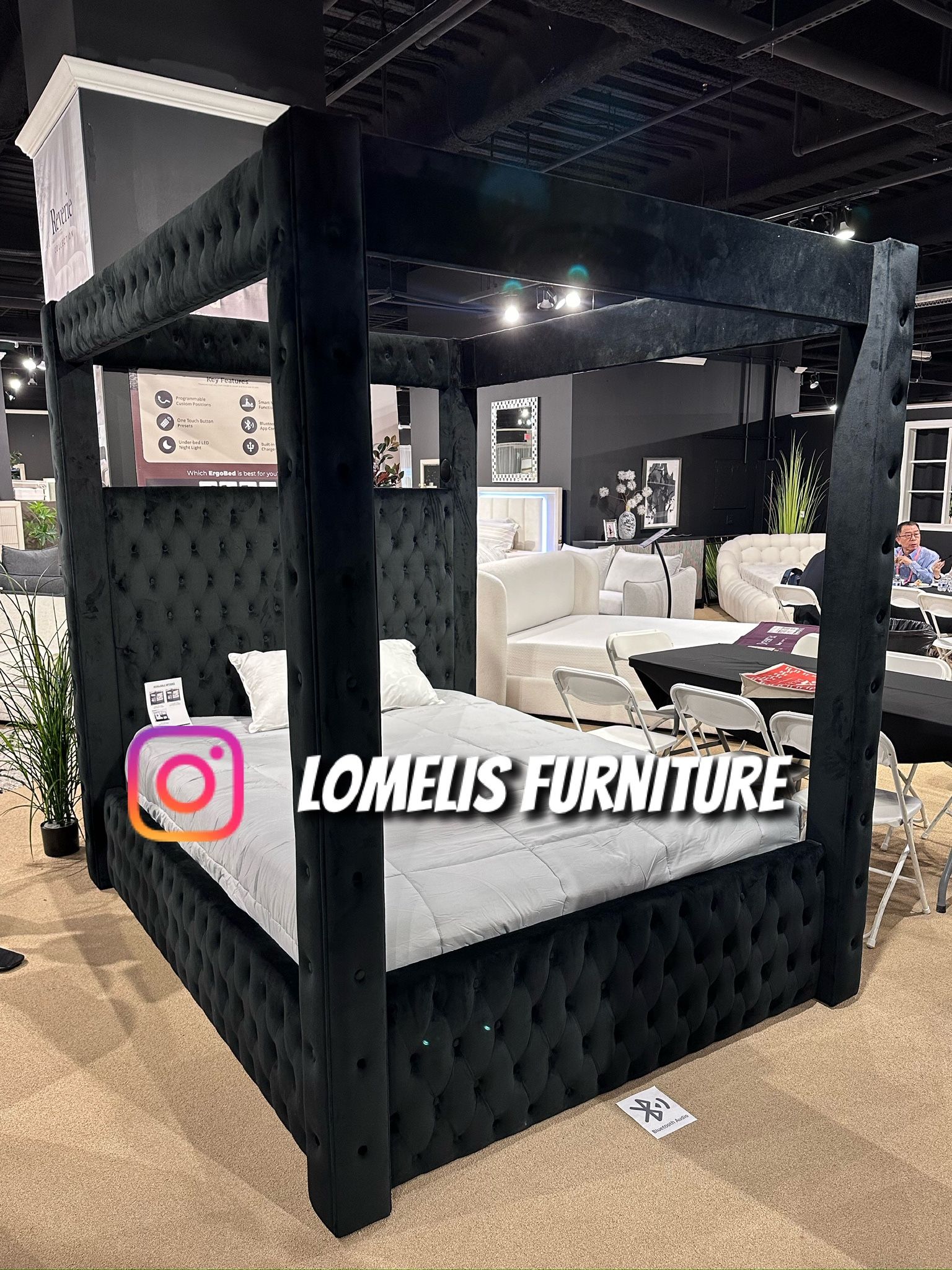 King Black Button Canopy Bed w. Orhopedic Mattress Included