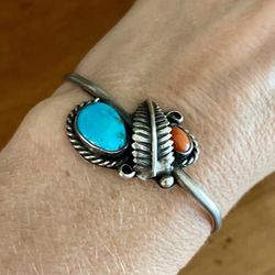 Vintage  Sterling Silver Turquoise Coral Bracelet size 6”