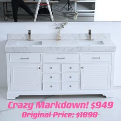 72-inch White Undermount Double Sink Bathroom Vanity with White Engineered Stone Top