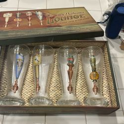 2 Tommy Bahama Dancing Tikis Flamingo Stout 9" Frosted Tap Handle Beer Glasses