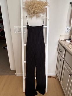 Black Pinstripe Spaghetti Strap Jumpsuit and blonde curly wig 60s/70s Halloween costume size small