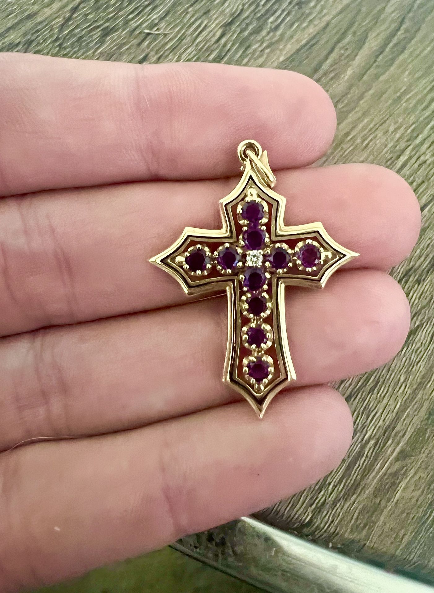 14k Gold Cross With Real Diamonds And purple amethyst