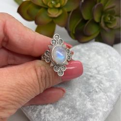 925 Silver / Rainbow moon stone Ring Sizes  7,8,9 