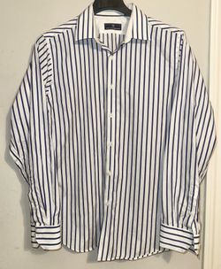 White and Navy Striped Button Down  Shirt