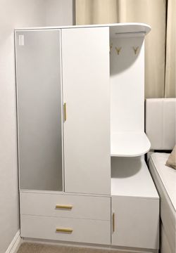 White Armoire Wardrobe with Mirror, Drawers & Sensor Light