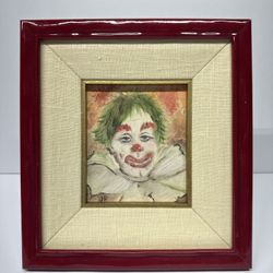 Small Clown Painting Signed JR Smiling Clown Green Hair Framed 5” Circus Art 