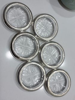 Vintage 1883 Rogers Sterling Silver Crystal Coasters Set of 6 Cut Glass Inserts 3” Mint