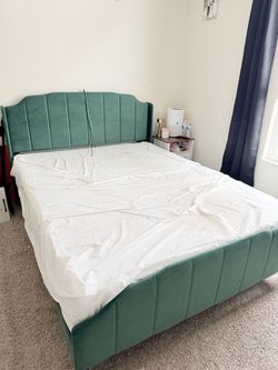 Green Velvet Upholstered Bed Frame & Mattress
