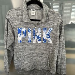 VS Victoria Secret PINK Tropical Pullover Zip Sweatshirt Rare Heather Gray Blue Palm Tree Womens Juniors XS