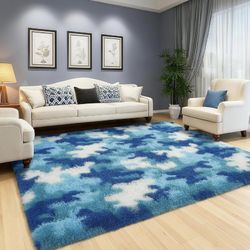 8x10 ft Area Rug Blue White Fuzzy Shag