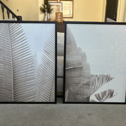 Set of 2 black glass framed tropical leaf and banana leaf botanical prints each print is 25"x31"
