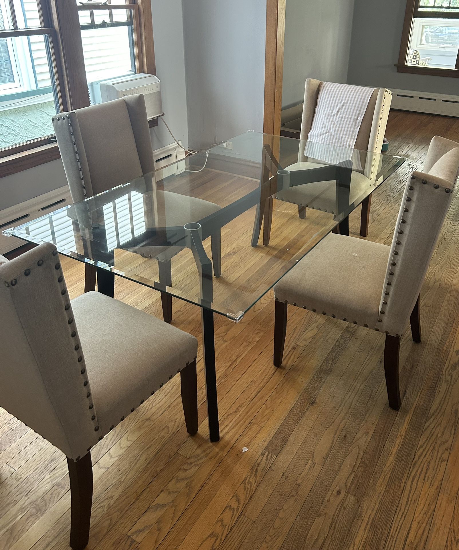 Beveled Edge Glass Table , Wood Base, Small Crack On The Corner