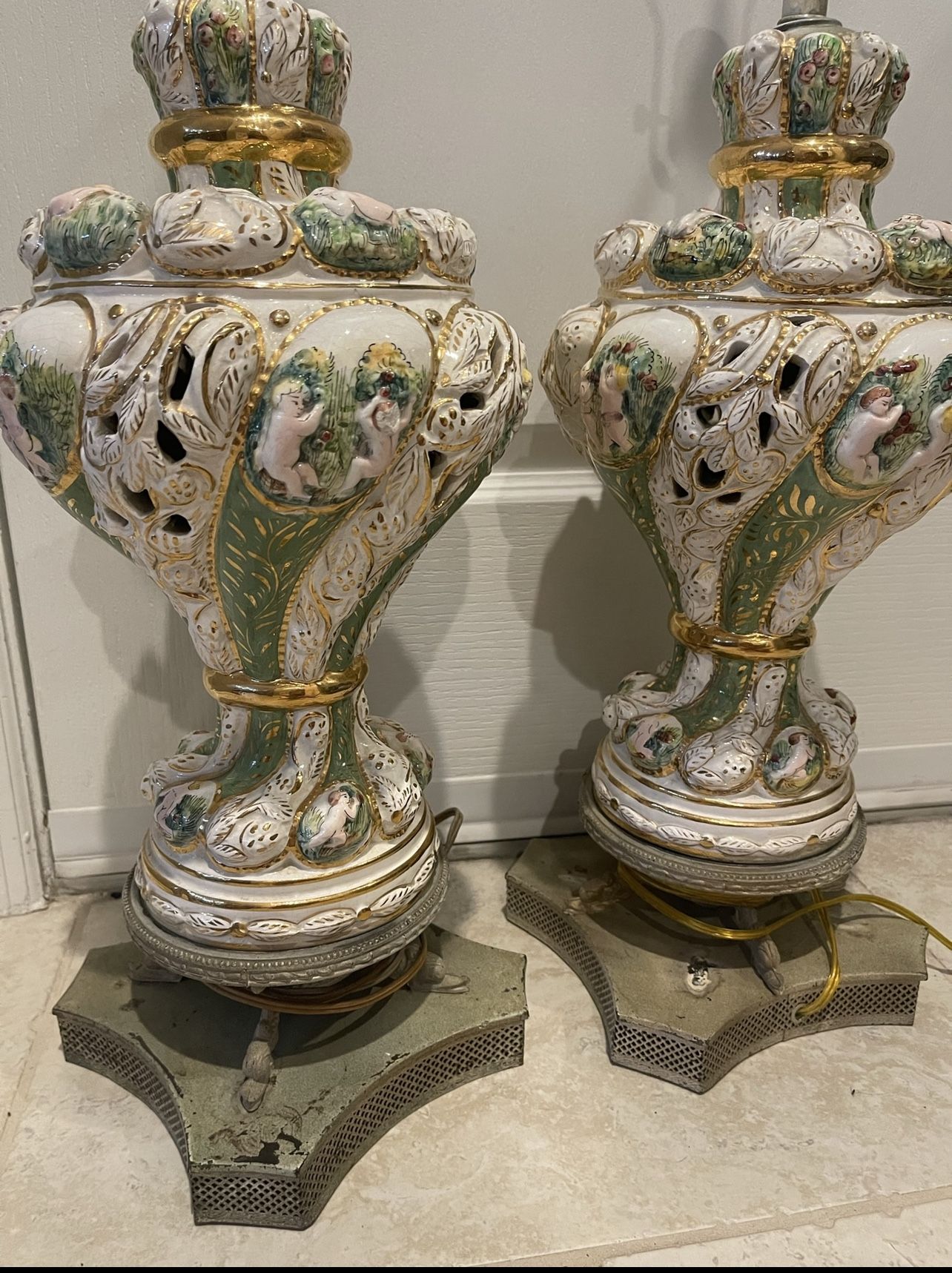 Porcelain Capodimonte Cherub Lamps