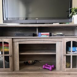 LED Farmhouse TV Entertainment Center by YITAHOME for TV Up To 65in With Outlets In Rustic Gray
