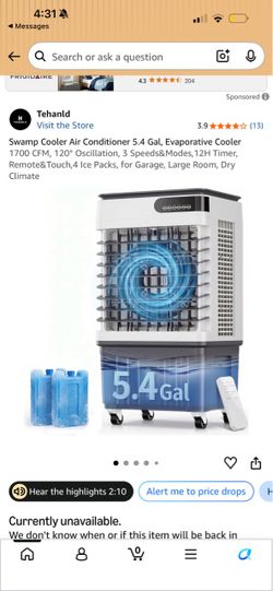 Tehanld Swamp Cooler Evaporative Air Conditioner 5.4 Gal