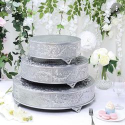 14”And 18” and 22” Round Silver Embossed Cake Stand Riser Matte Metal Cake Pedestal 