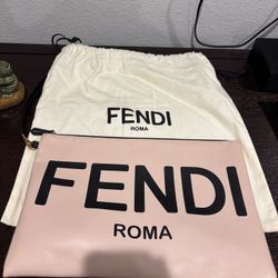 FENDI logo light pink LARGE FLAT POUCH clutch wristlet Verified business seller Logo printed in black at face. Detachable leather wristlet strap with 