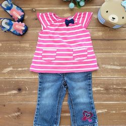12MOS 2-PIECE OUTFIT MAGENTA & WHITE STRIPED KNIT TUNIC W/SEMI-FLAIR LEG DENIM HEARTS EMBROIDERY JEANS