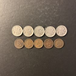 Coins – Indian pennies - different dates/Buffalo Nickels - 5 different dates – Total 10 Coins