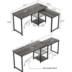 L Shaped Desk with Outlets and USB Ports, 360° Rotating L-Shaped Desk, 71 Inch Reversible Computer D