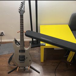 Ibanez electric guitar with Fender Mustang Micro Amp And Yamaha Sound Bar 