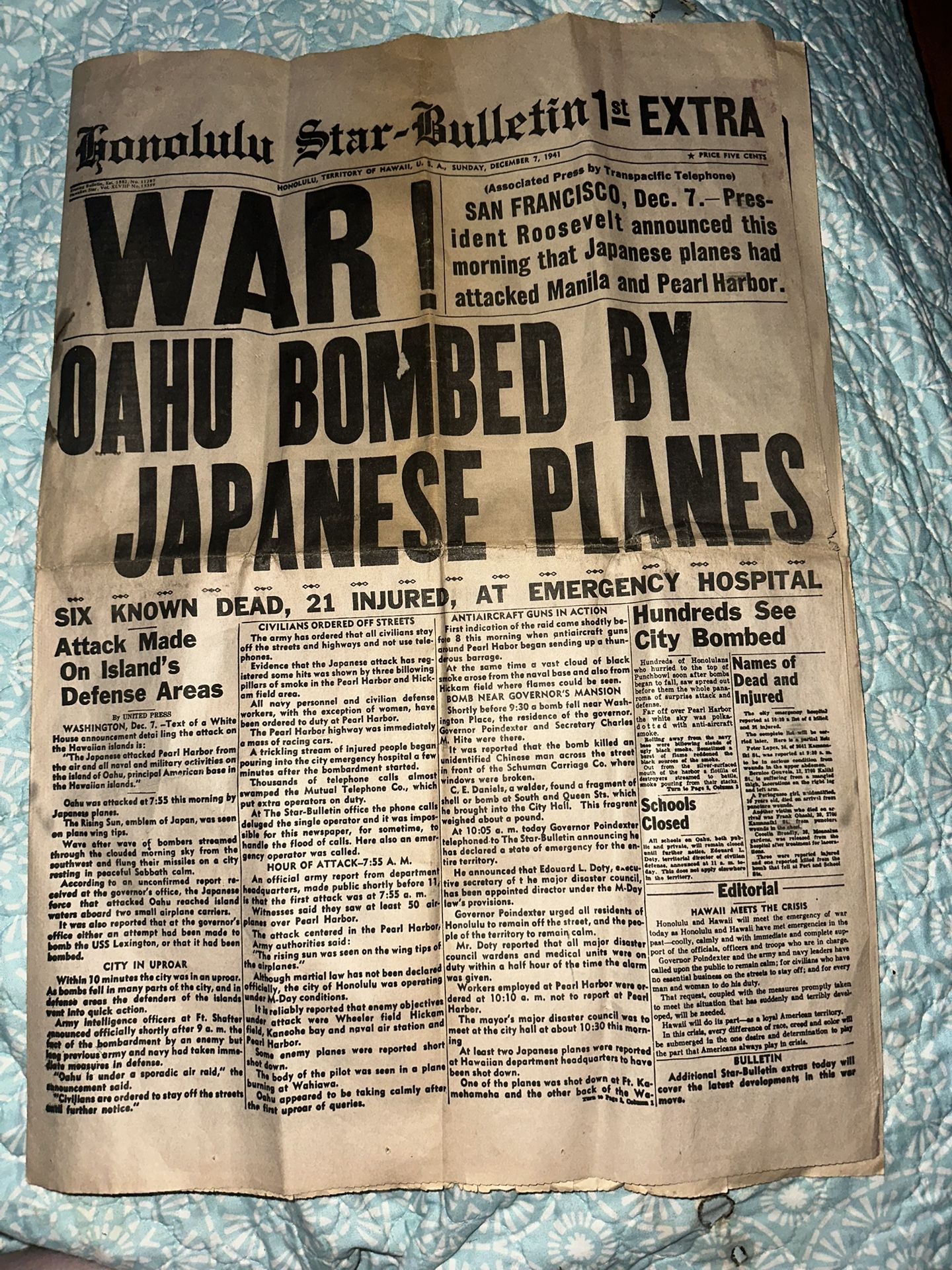 original Newspaper saying America Is Joining The War Because Of Pearl Harbor