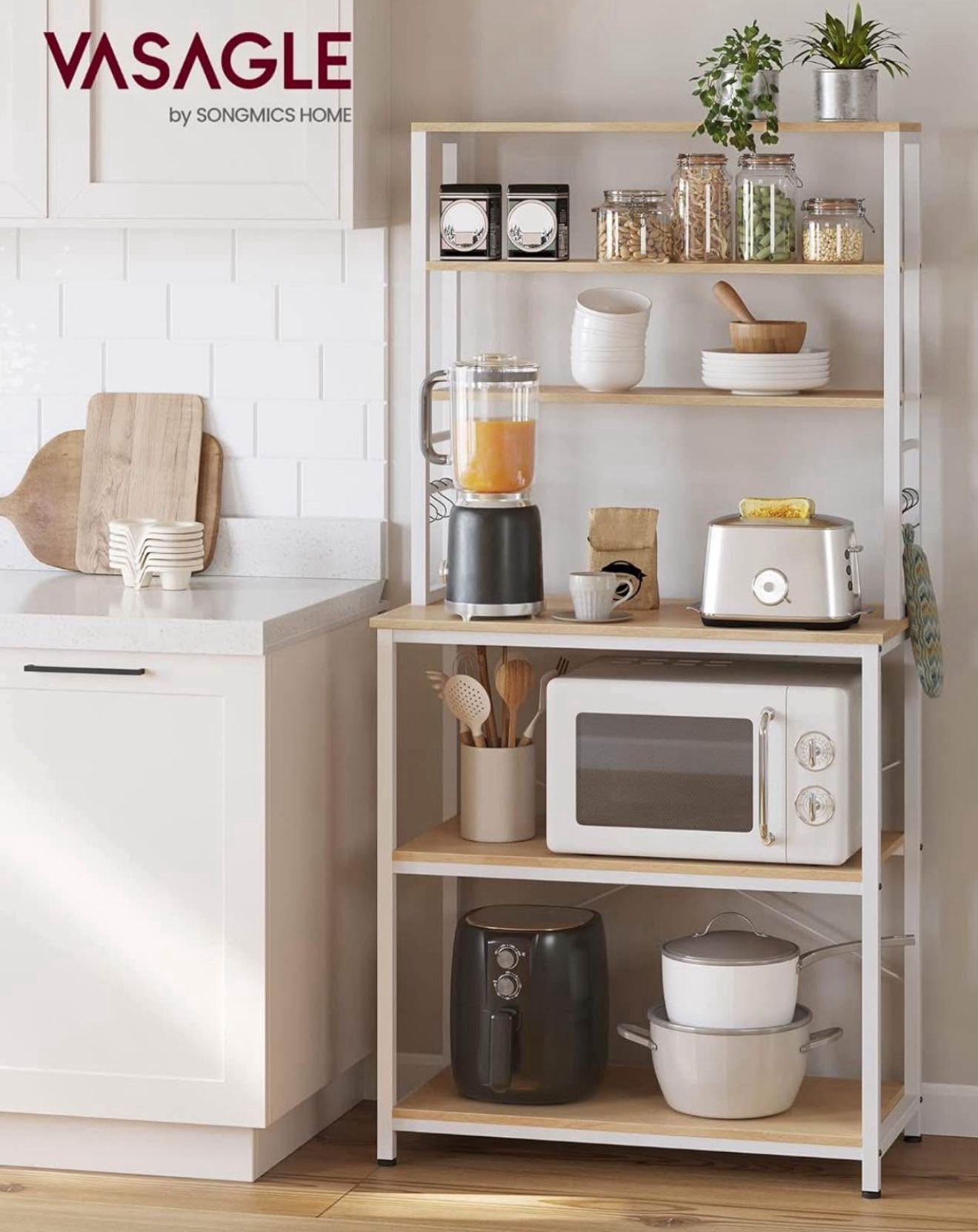 Coffee Bar, 31.5 Inches Baker's Rack for Kitchen with Storage, 6-Tier Kitchen Shelves with 6 Hooks, Microwave Stand, Industrial, Oak Colou