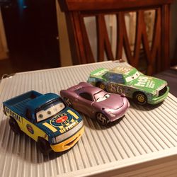 (3) Diecast Disney Pixar Cars, Chick Hicks, Holley Shiftwell Plastic Little Mirror Missing and Piston Cup Pickup Truck Eyes Move Side Mirror Missing 