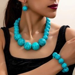 ELEGANT  FAUX ACRYLIC TURQUOISE BEADED NECKLACE, BRACELET & EARRINGS SET