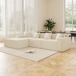 109.05'' 4-Seater Corduroy Compression Sofa – 9.84'' Wide Storage Armrests, Pet-Friendly Soft Fabric for Living Rooms