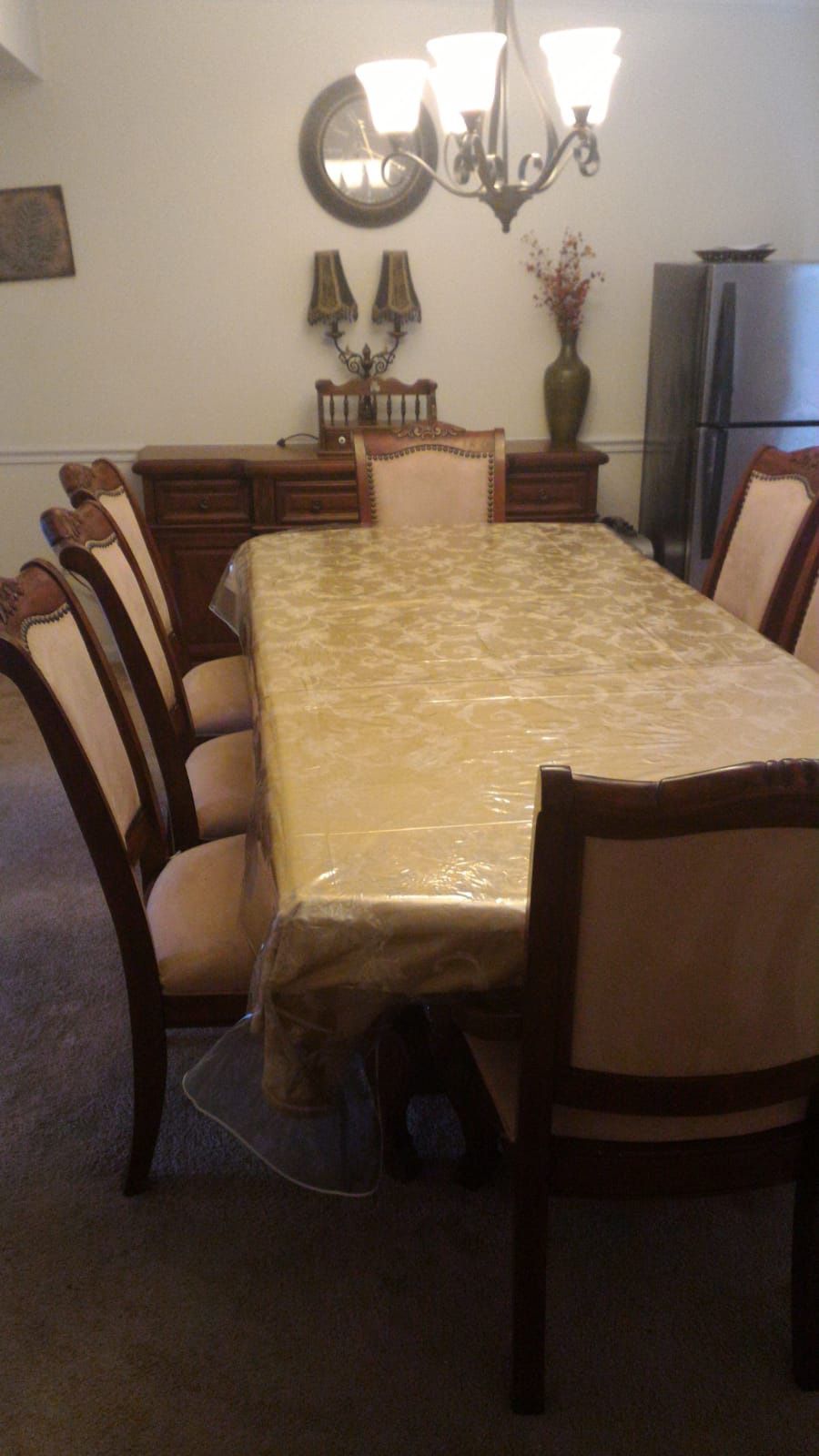 Wood dining table and buffet with chairs for 8