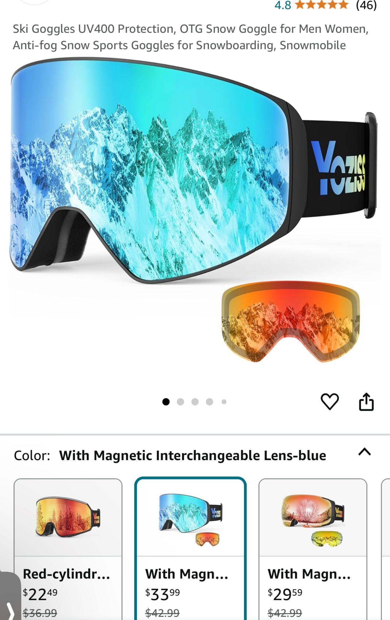 Ski Goggles UV400 Protection, OTG Snow Goggle for Men Women, Anti-fog Snow Sports Goggles for Snowboarding, Snowmobile