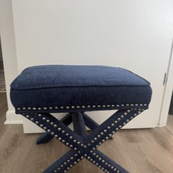 Contemporary Velvet Upholstered Ottoman / Bench with X-Leg Design, Deep Button Tufting and a Solid Wood Frame Navy