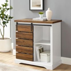 White And Brown Farmhouse Barndoor Accent Cabinet (New In A Box)