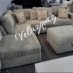 ✅️✅️3 pc smoke grey wide welt corduroy fabric sectional sofa with USB plugs square arms with chaise and storage ottoman✅️✅️