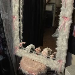 White And Pink Fur Mirror And Stool 
