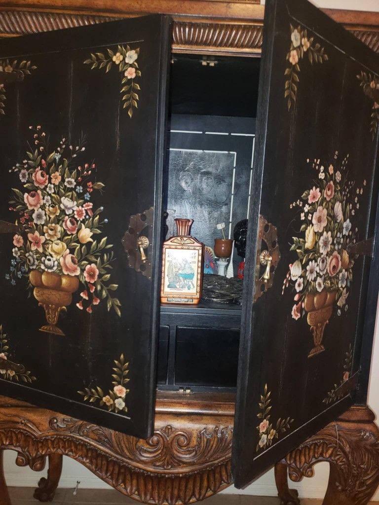 VINTAGE 72" HAND PAINTED FLORAL FLOWER ROSE WOODEN ORNATE VICTORIAN CABINET STORAGE SHELF DRAWER CONSOLE TABLE