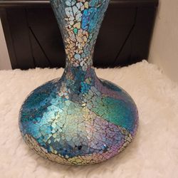 Glass Mosaic Vase Teal Purple Blue Gold Mirror 9"