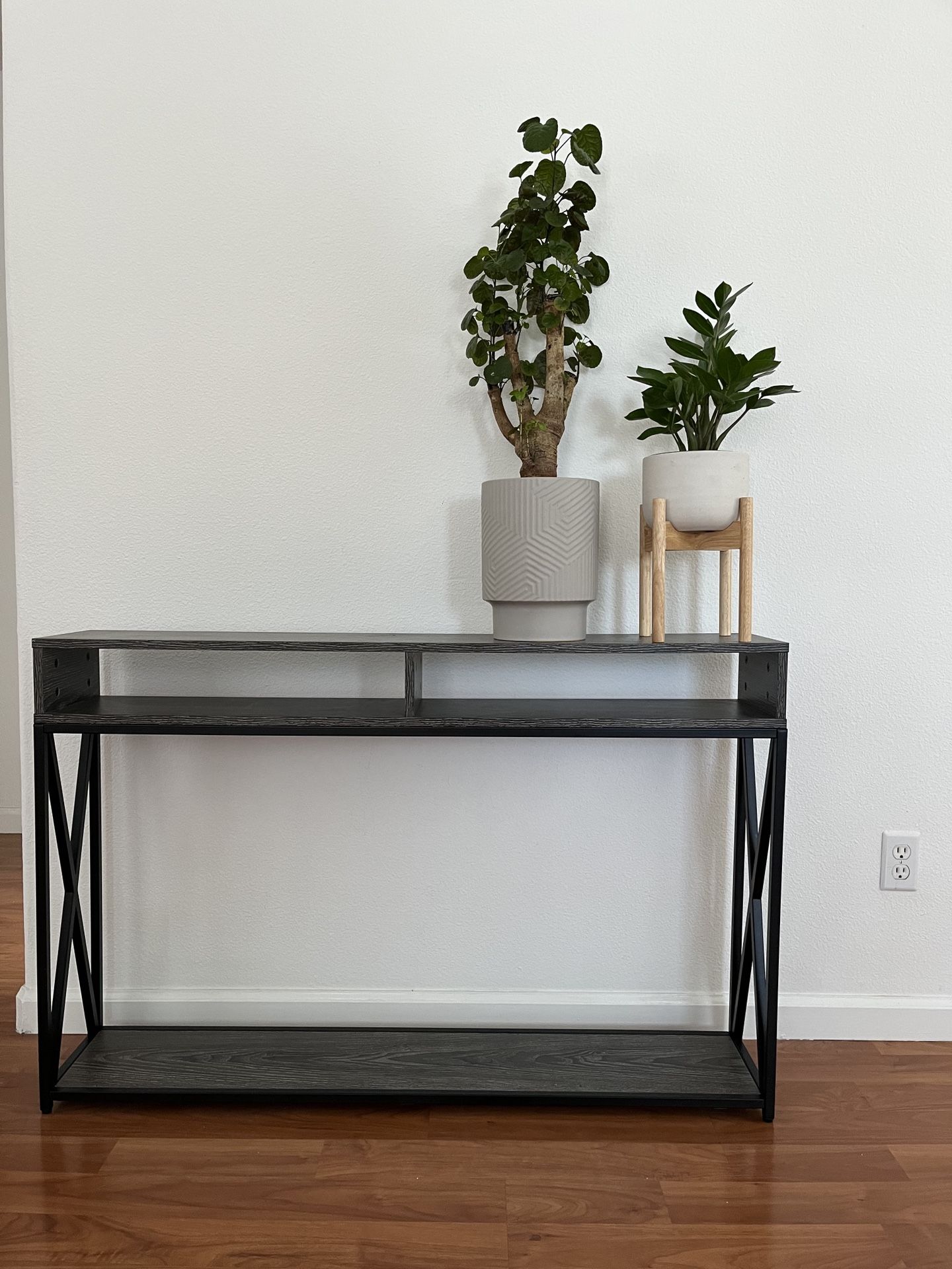 Accent Entry Way Console Table Mid Century Modern Gray Wood Black Metal