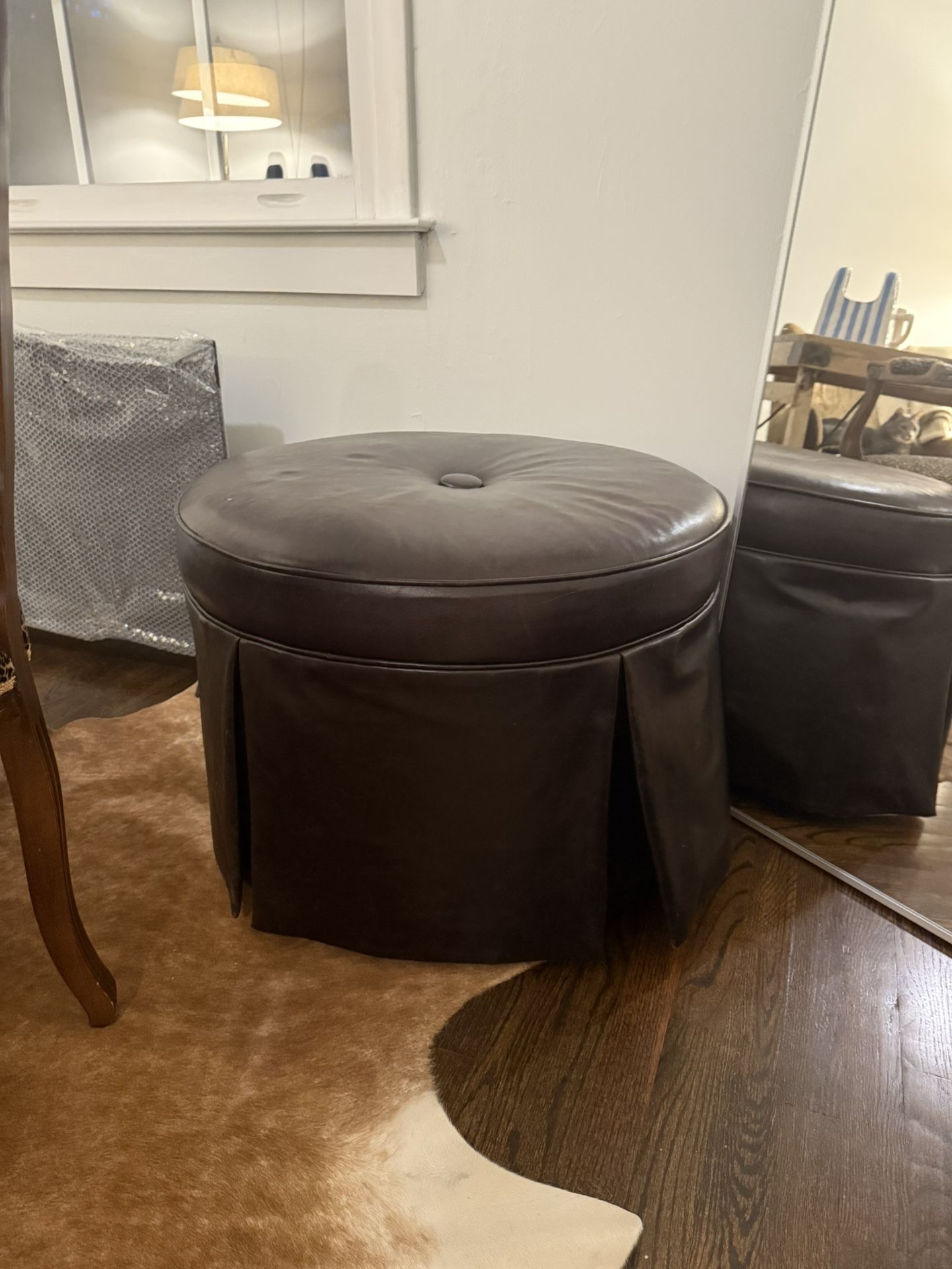 Brown Leather, Rolling Ottoman