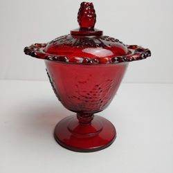 Ruby Red Candy Dish Grape Design with Lid - Vintage 