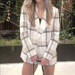 Maison D' Amelie Oversized Plaid Blazer Cardigan Button Up Top long Jacket Women's Size S Small coat suit