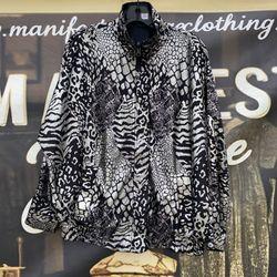 Vtg 1980s GDT Too Satiny Shiny Black N Silver Animal Print Reversible Jacket L