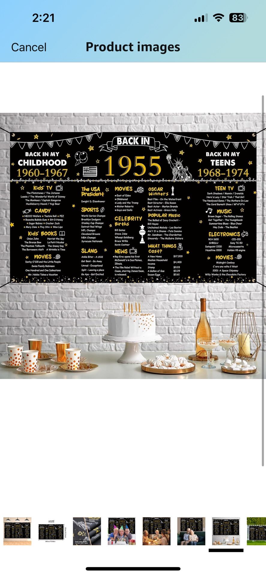 70th birthday 1955 backdrop & x2 table runners