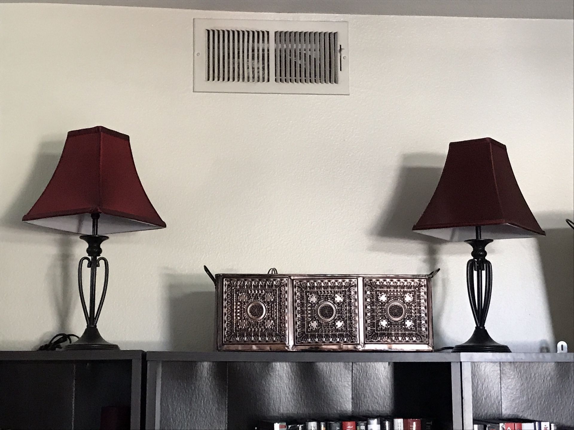 Beautiful Black Pair Lamps Burgundy Shades
